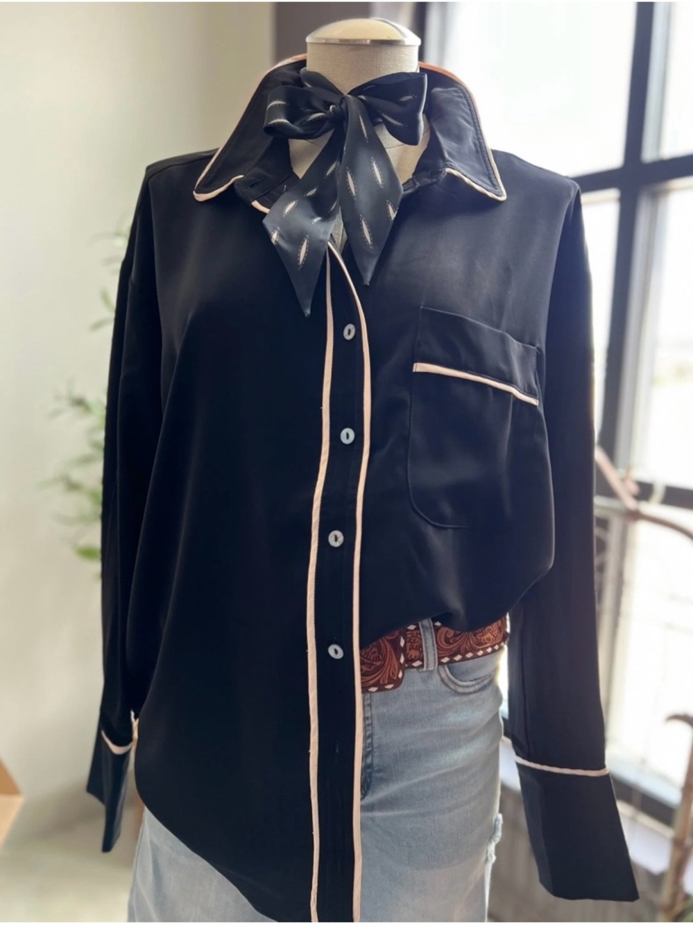 Silky Black Button-Up Blouse with Contrast Piping